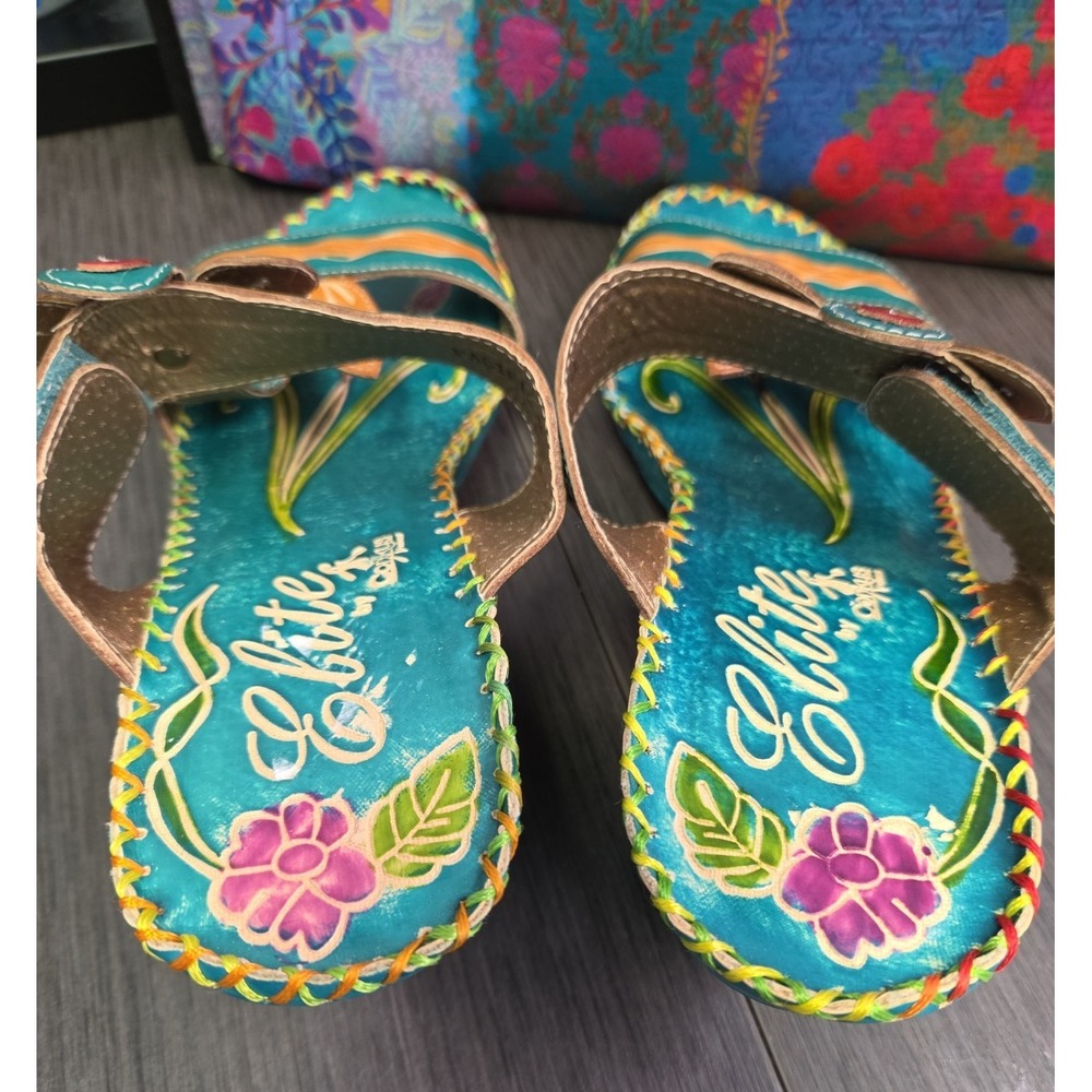 Corkys Elite Wedge Sandals Women 8 Turquoise Leather Slip On Floral Shoes - Picture 6 of 9